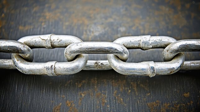 Interlocking metallic chains of varying thickness and texture displaying strength and connection against a rough surface