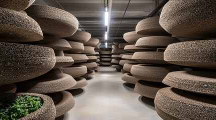 Stacks of compressed recycled cardboard discs in an industrial warehouse