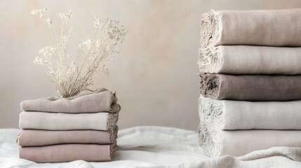 Stacks of folded and rolled muted natural fabric swatches in a soft neutral setting