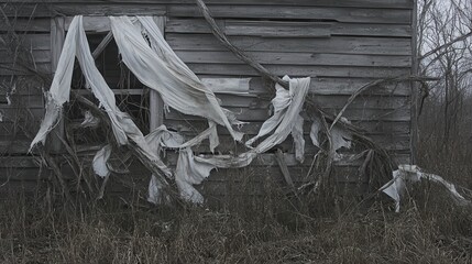 Tattered strips of faded sun bleached fabric flutter against a weathered wooden wall of an abandoned structure