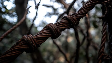 Thick twisted industrial metal cable with rusty texture