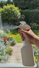 Hand Spraying Cleaning Fluid On Window Glass removes dust to make transparent surface clear with garden background outside.