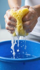 Hands Squeezing Soapy Sponge Into Blue Bucket creates lather and bubbles to prepare for washing task.