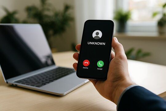 Businessman hand holding smartphone showing unknown caller identity beside modern laptop computer on desk background office communication device mobile technology 