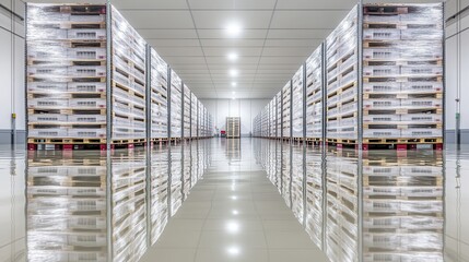 Vast industrial warehouse interior with rows of tall storage racks filled with stacked boxes and pallets reflecting light on the clean floor