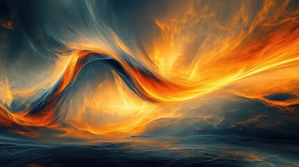 Vibrant abstract digital art depicting flowing ribbons of energetic fiery light and dynamic swirling forms against a dark moody background