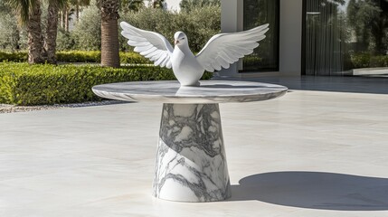 White dove sculpture on a polished marble pedestal outside