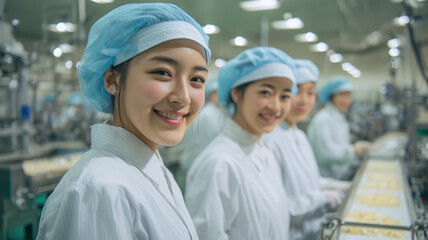 女性が食品工場の昼シフトで衛生帽と白衣を着て笑顔で作業する