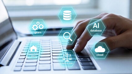 Hand typing on laptop with digital icons