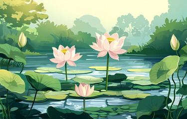 Beautiful Lotus Pond in a Lush Forest