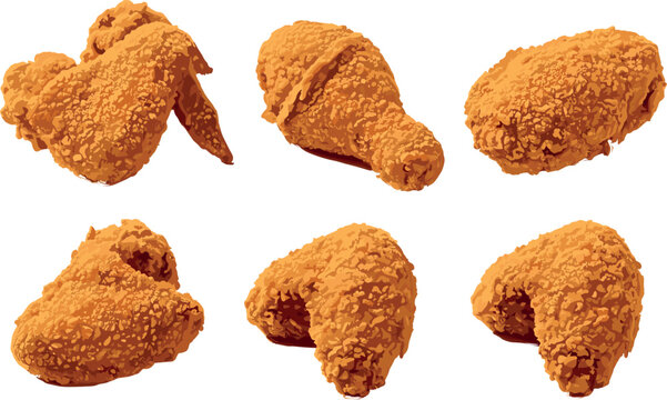Realistic crispy fried chicken vector set featuring golden drumsticks and wings isolated on white background for fast food restaurant menu and takeaway snack packaging design.