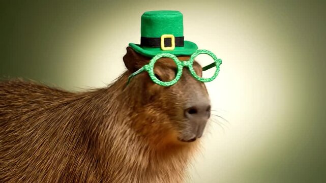 A brown capybara wears a green hat and sparkling green glasses