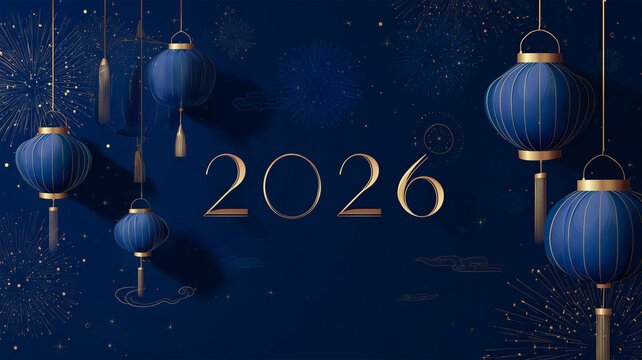 藍色の夜空調に金色の2026を置き、上品な花火と提灯で夜祭の雰囲気にする