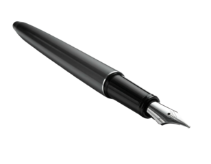 Sleek, modern black fountain pen with a silver nib on a dark background