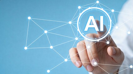 Hand interacting with AI network graphic