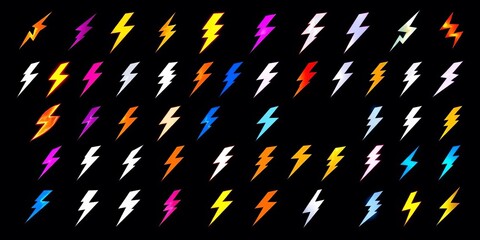 Collection of diverse lightning bolt icons, various styles and thicknesses, for digital use,  storm,  collection