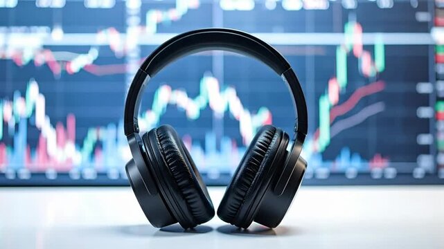 Wireless headphones on a white surface with a stock market chart background.