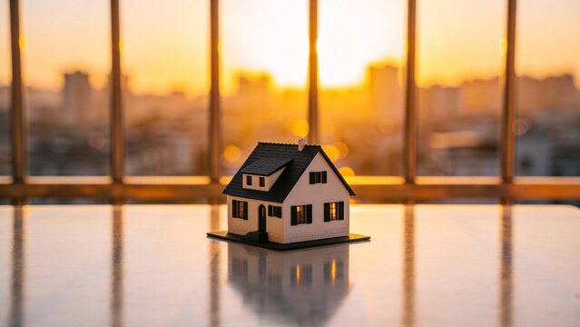 Miniature house on table with sunset view - Powered by Adobe