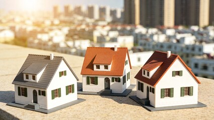 Model houses on a rooftop with cityscape