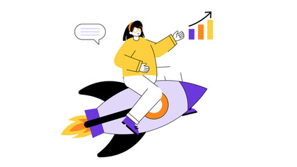 Fototapeta premium Dedicated woman steering a rocket towards upward growth charts representing a fast paced startup launch and rapid scaling