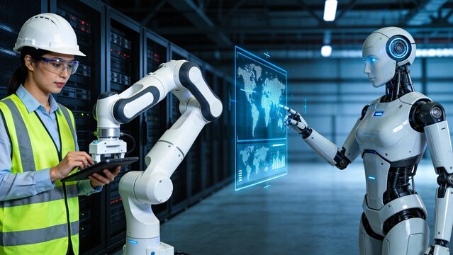 Woman with robot and robotic arm in server room - Powered by Adobe