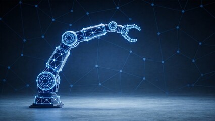 Blue glowing robotic arm in digital network