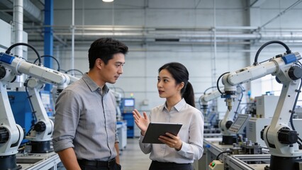 Two people discussing in a robotic manufacturing facility