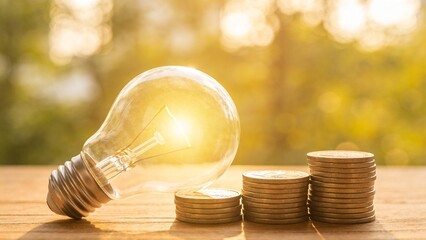 Light bulb and coin stacks on wood