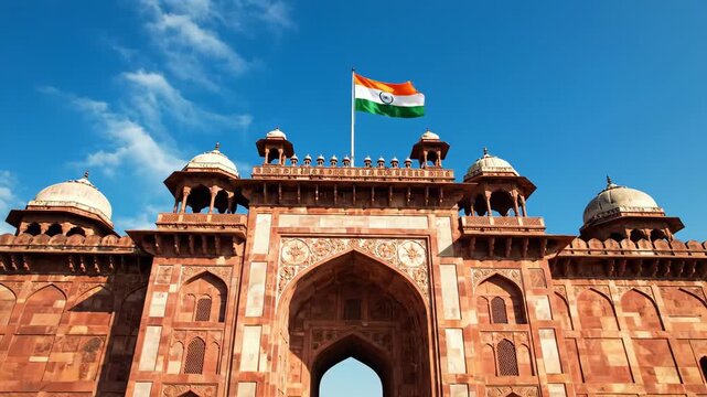 A video showcasing the majestic Red Fort in India with the national flag waving high