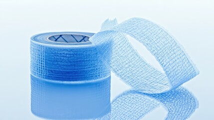 Roll of translucent blue heavy duty adhesive tape with reinforced fibers for sealing and patching applications on a white background