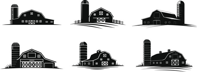 Set of Minimalist black farm barn with tall silo silhouette vector icon © Vector.com
