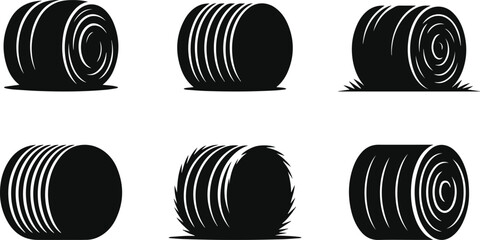 Set of Minimalist black round hay bale in the field silhouette vector icon © Vector.com