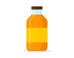 A flat-design illustration shows a rectangular glass bottle filled with orange liquid. The cap is brown, and a yellow label wraps the center