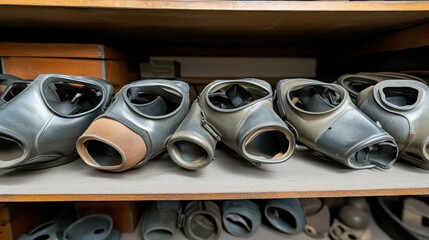 Row of old metallic gas respirators displayed on a wooden shelf for safety protection