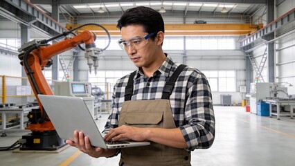 Factory worker using laptop near robotic arm