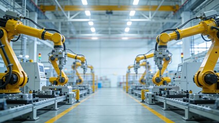 Factory production line with robotic arms