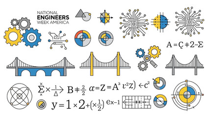 Collection of engineering icons and mathematical equations for National Engineers Week against a clean white background with a professional and educational mood.