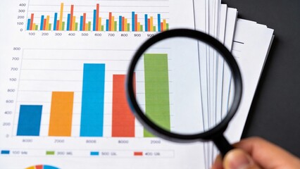 Magnifying glass over business charts