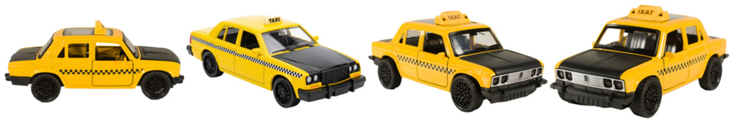 four detailed scale models of classic yellow and black taxi cabs, a realistic photograph for transportation themes. © TransportsPNG