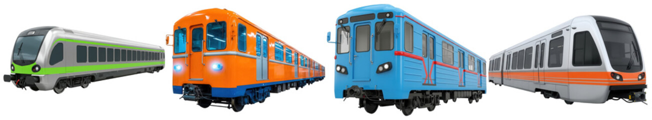 Obraz premium a diverse collection of modern train and subway cars in vibrant colors, a detailed photograph for public transport.