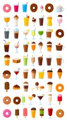 A flat-lay assortment of various beverages, including smoothies, coffees, cocktails, ice cream, and donuts in a colorful, cheerful compilation