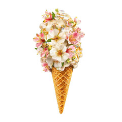 Ice cream cone with colorful flowers isolated on a transparent background