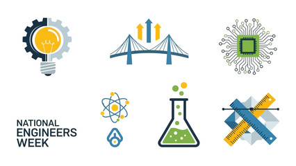 Illustrations celebrating National Engineers Week with various engineering and science symbols on a white background.