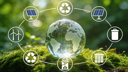 Glass globe with eco icons on moss