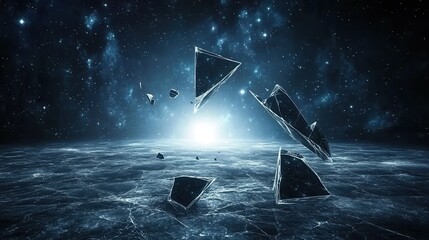 Shattered iridescent glass fragments floating in a dark luminous cosmic space with bright light