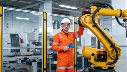 Factory worker with robotic arm