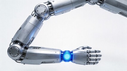 Metallic robotic arm with glowing blue joint