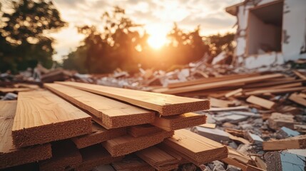Stack of salvaged wooden planks in soft sunlight at a construction debris site with trees in the background