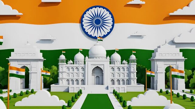 A vibrant video showcasing the Indian Parliament building with flags waving in the background on a sunny day india republic day