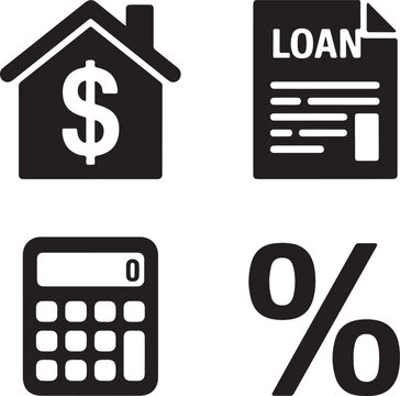 Mortgage, loan, calculator and interest icon set